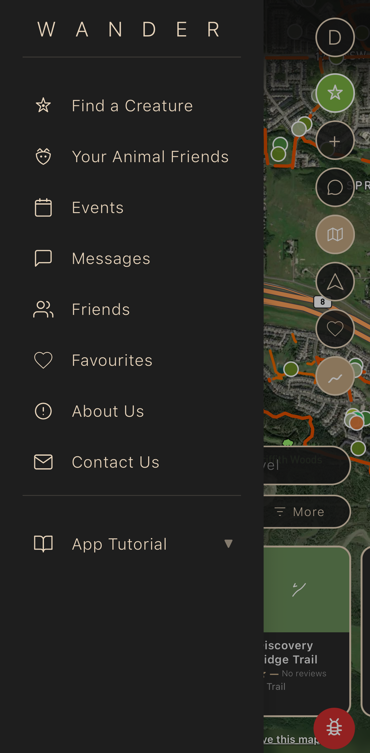 Wander side menu with Favourites, Friends, Events, Messages, and other ways to plan an outing.