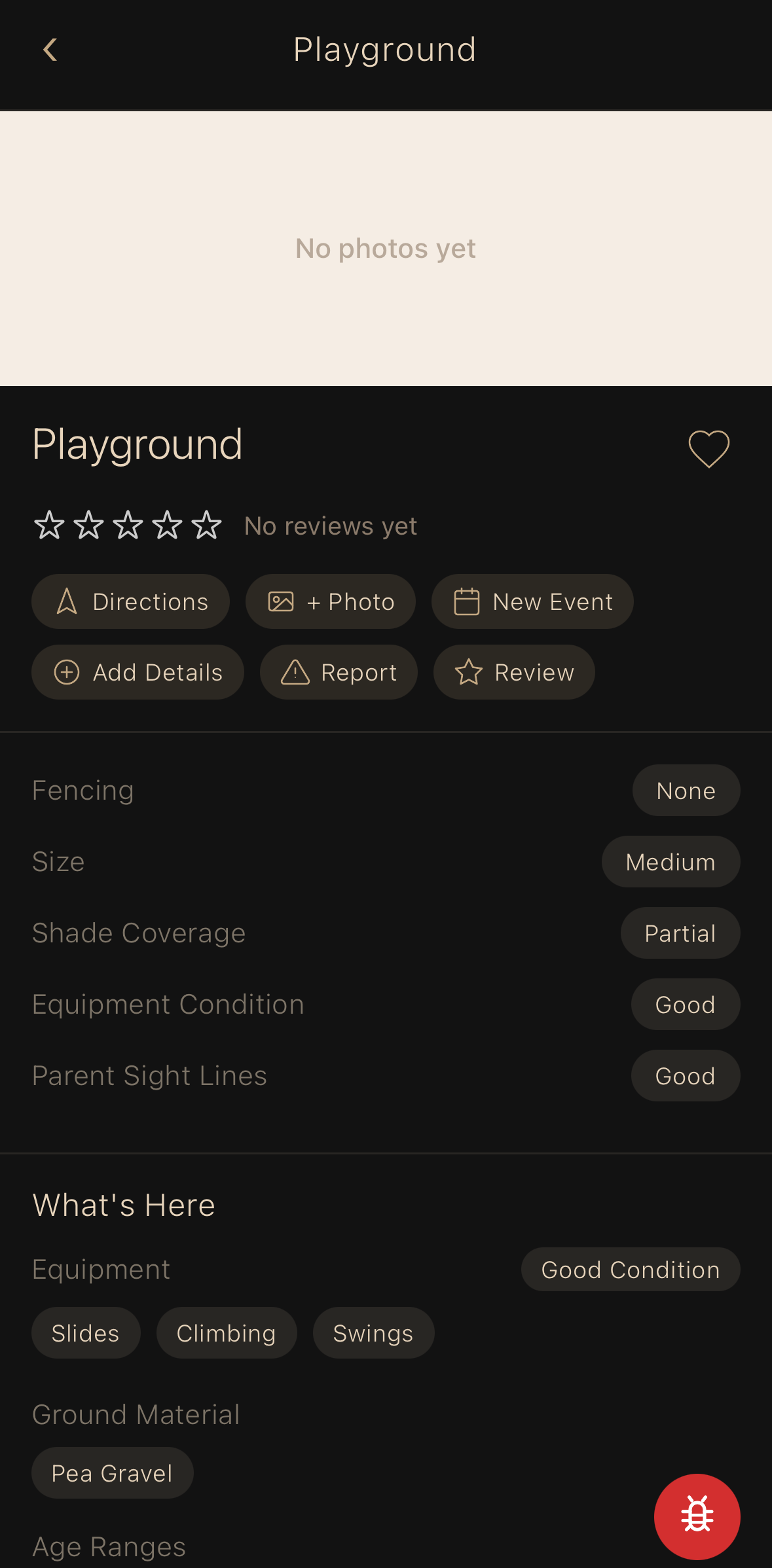 Wander park detail screen showing fencing, size, shade coverage, equipment condition, and what's here for a playground.