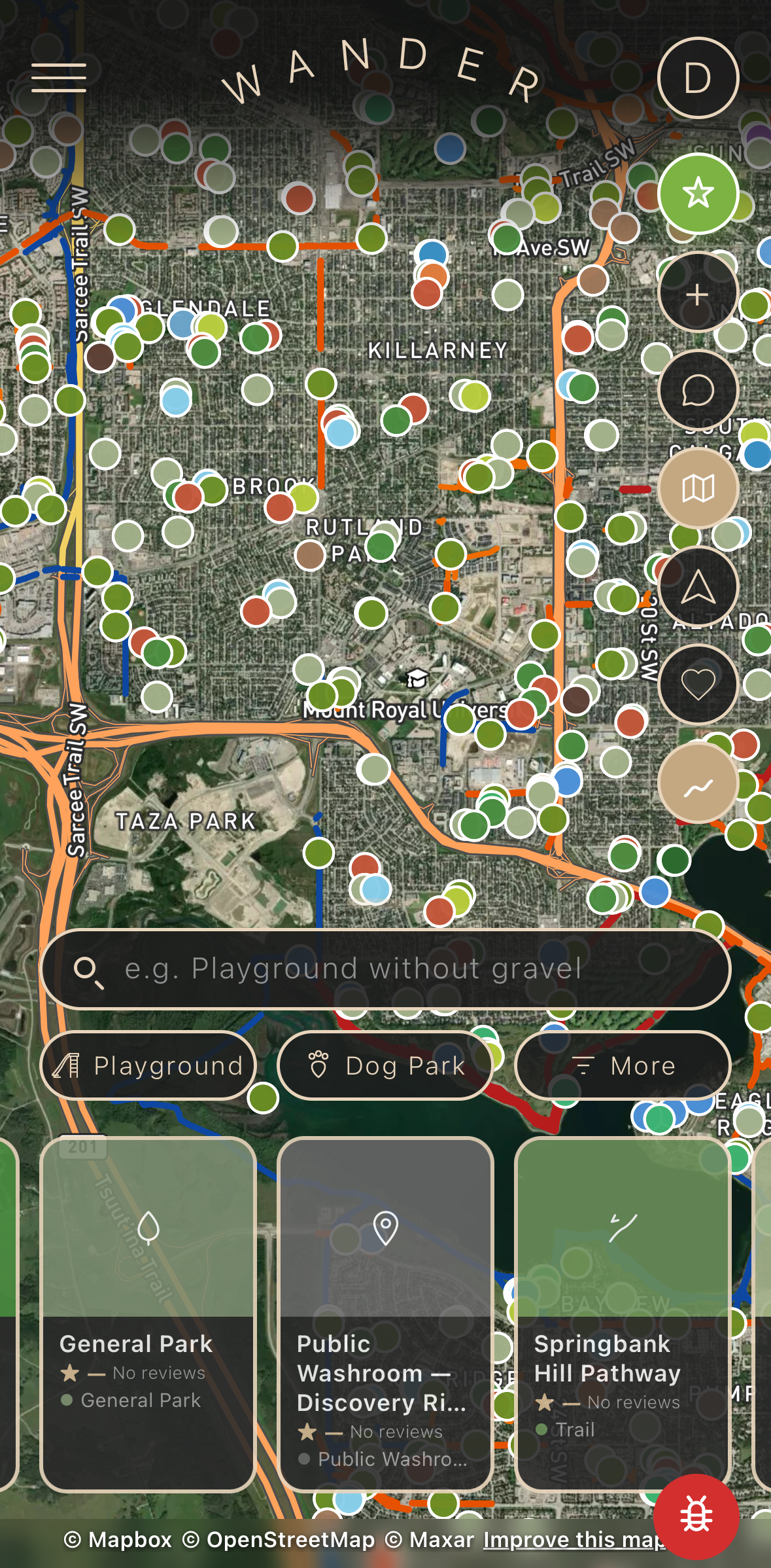 Wander map view showing parks, trails, and dog parks with category filters and a search for 'Playground without gravel'.