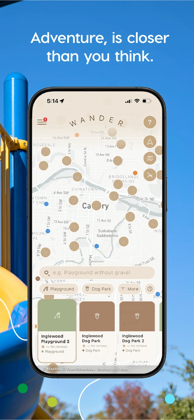 Wander home map screen: pins for playgrounds and dog parks around Calgary, with a search bar reading 'e.g. Playground without gravel'.